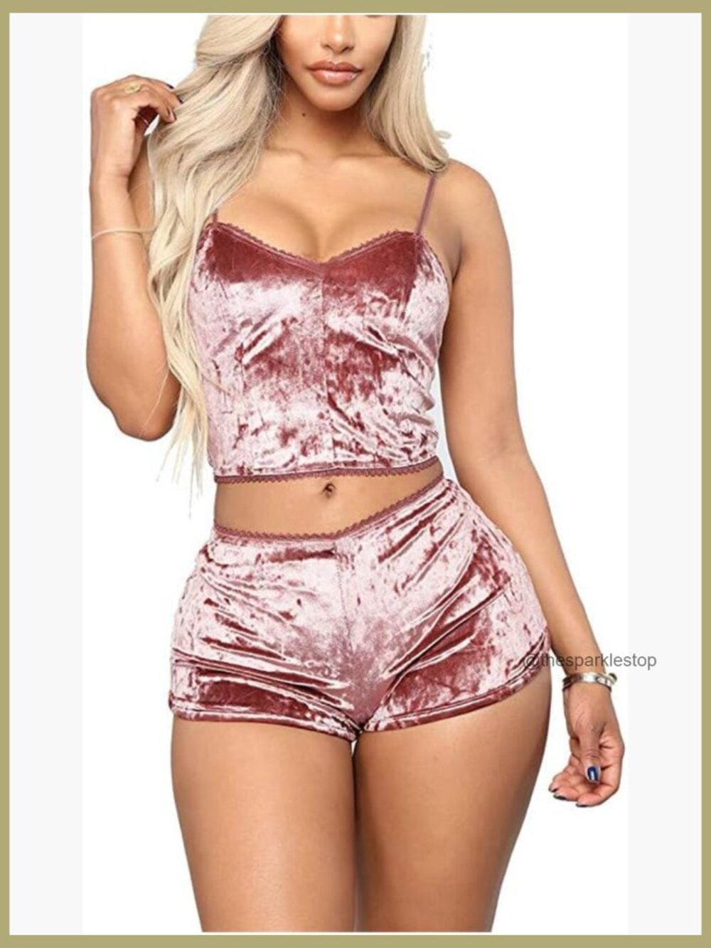 Velvet 2 Piece Pajama Set Spaghetti Strap Crop Top Shorts Sleepwear
